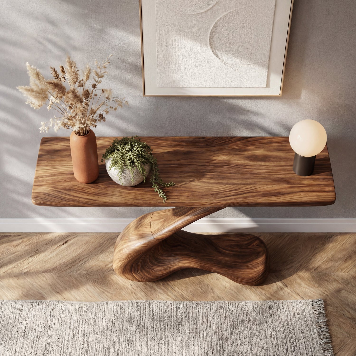 Single Sweep Sculptural Solid Wood Console Table with S Curve Organic Base
