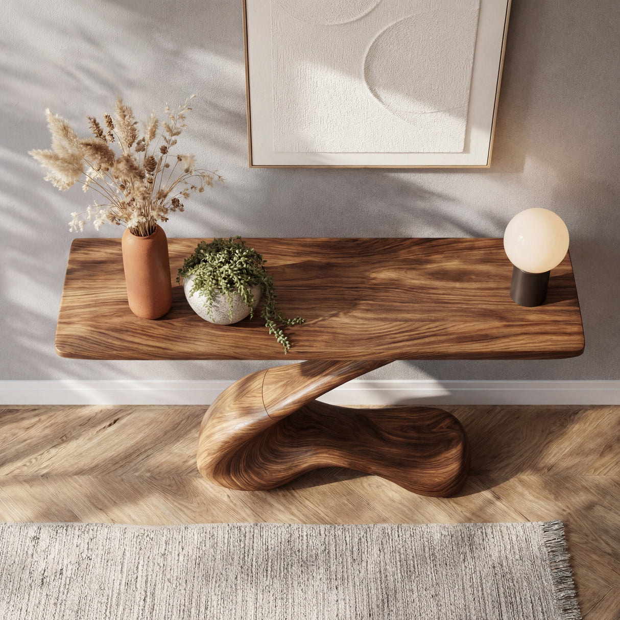 Single Sweep Sculptural Solid Wood Console Table with S Curve Organic Base