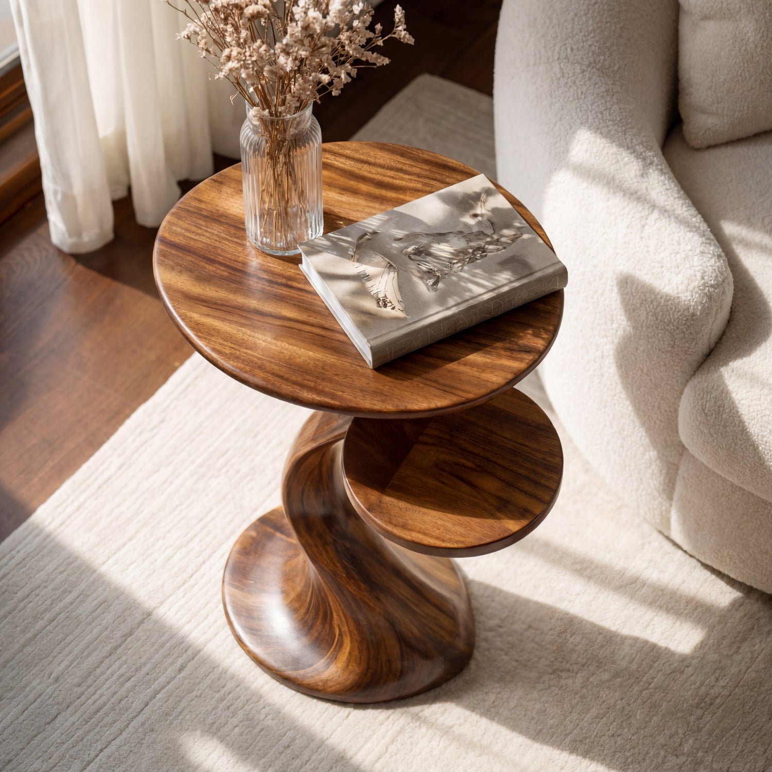Solid Wood Two Tier Side Table Modern Sculpted Accent for Living Room Interior