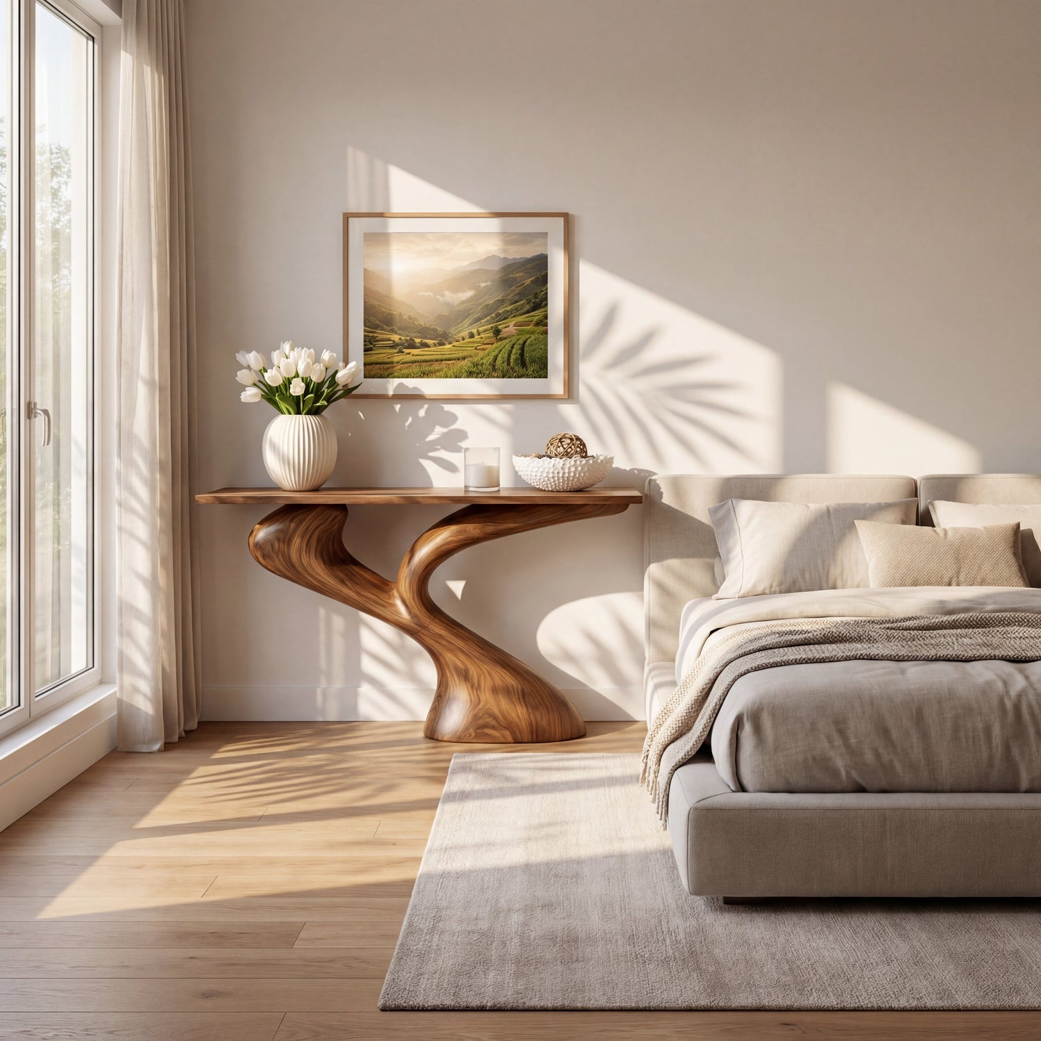 Sculptural Solid Wood Console Table with Flowing Dual Stem Base