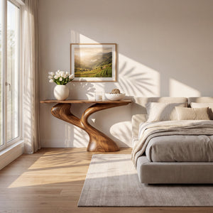 Sculptural Solid Wood Console Table with Flowing Dual Stem Base