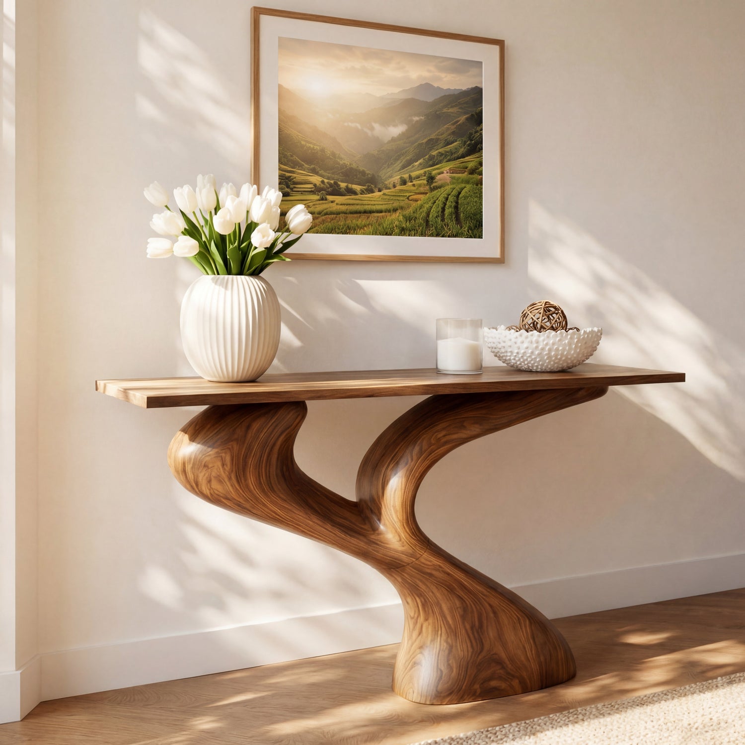 Sculptural Solid Wood Console Table with Flowing Dual Stem Base