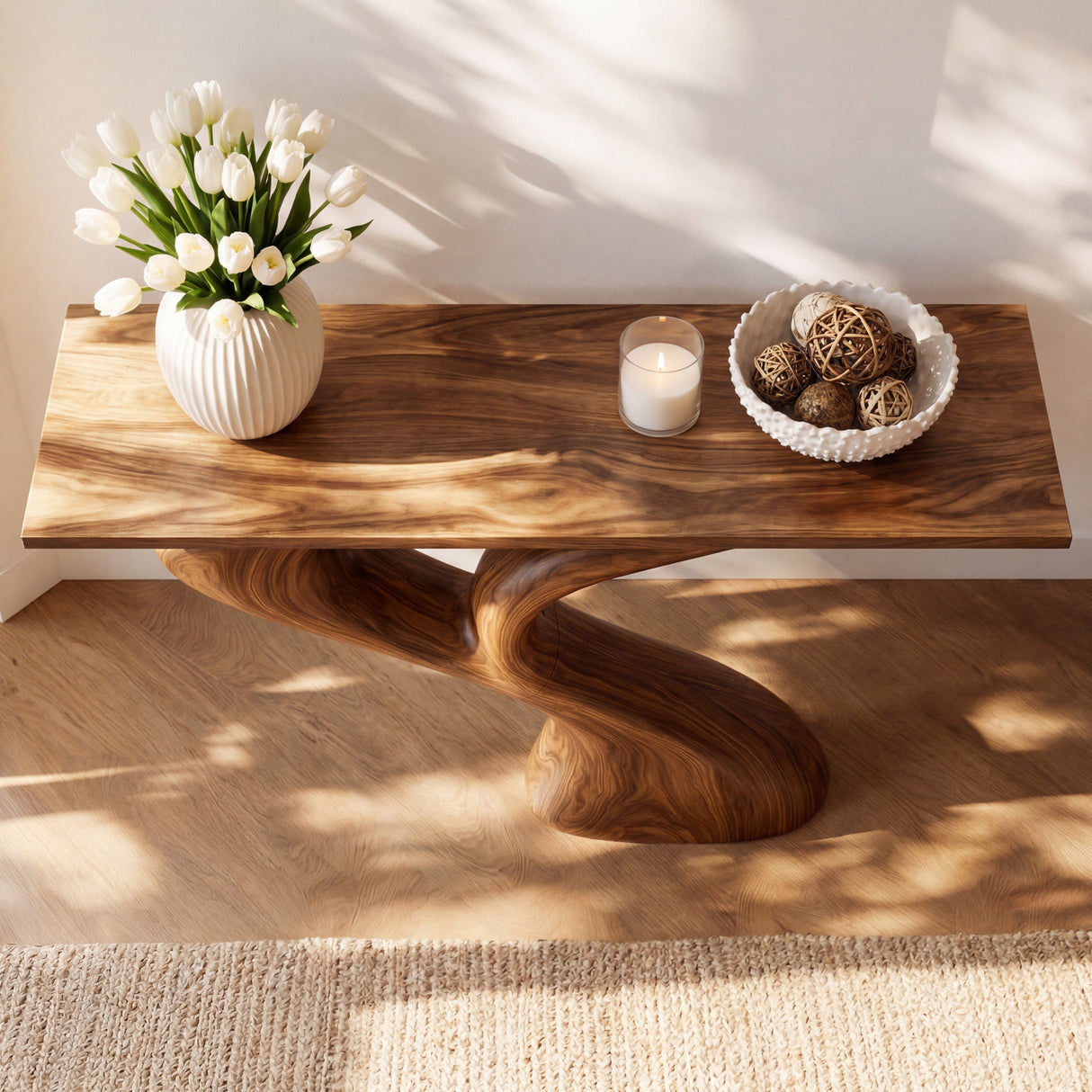 Sculptural Solid Wood Console Table with Flowing Dual Stem Base