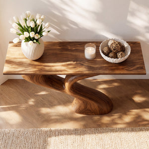Sculptural Solid Wood Console Table with Flowing Dual Stem Base
