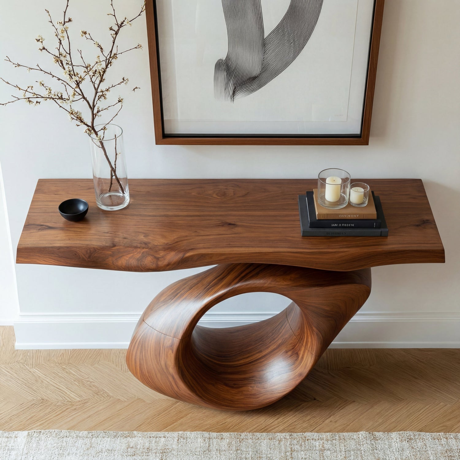 Sculptural Solid Wood Console Table with Hollow Oval Base