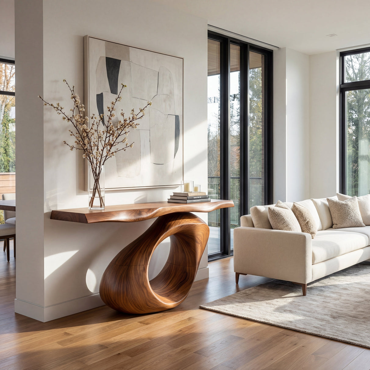 Sculptural Solid Wood Console Table with Hollow Oval Base