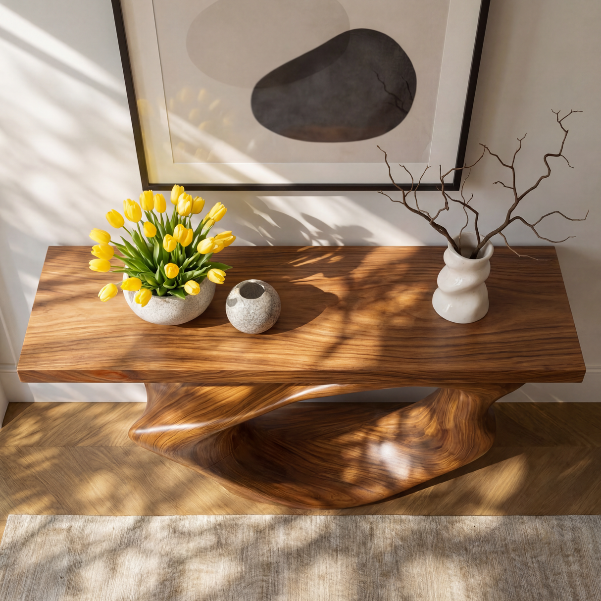 Wave Arch Sculptural Solid Wood Console Table with Hollow Asymmetric Base