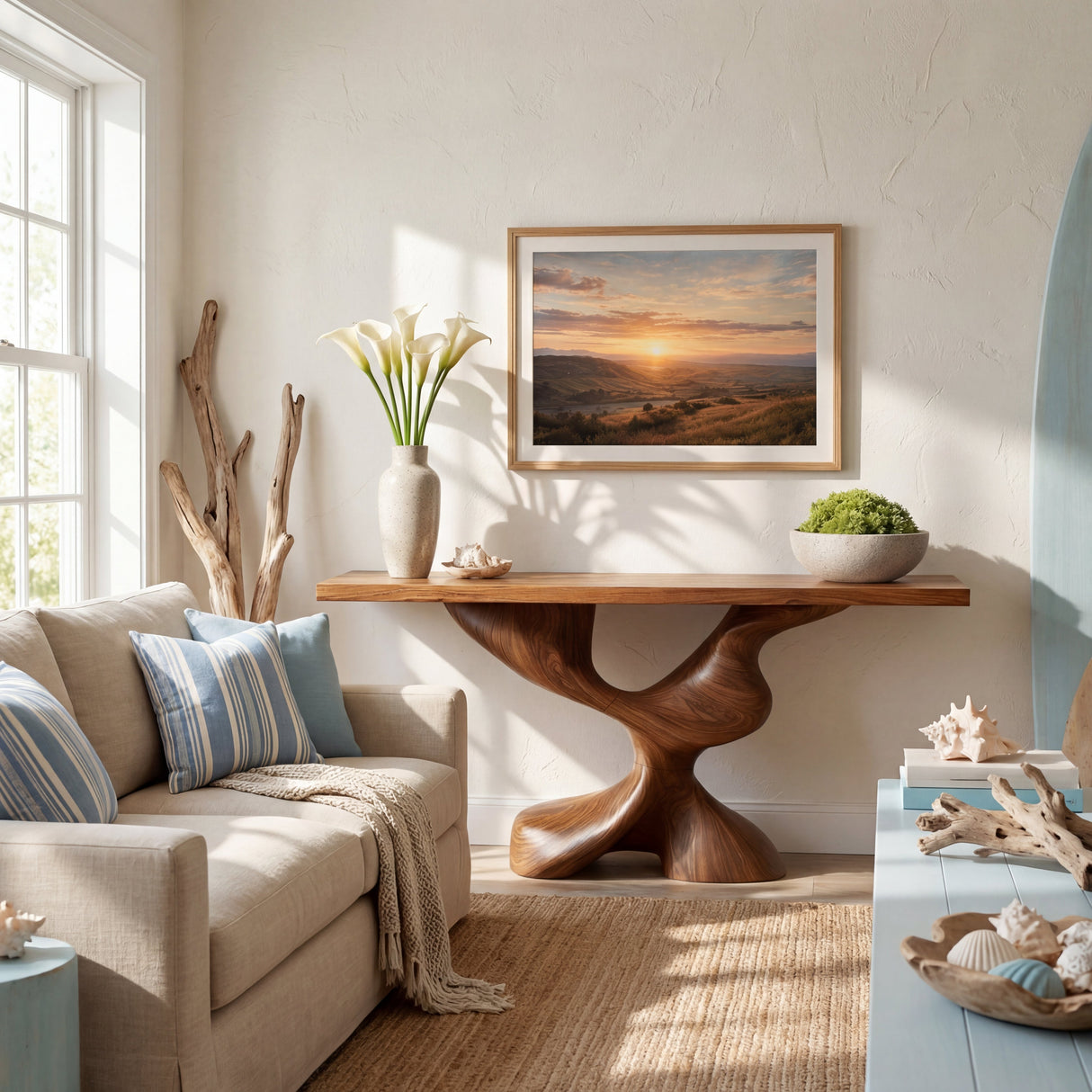 Pedestal Twist Sculptural Solid Wood Console Table
