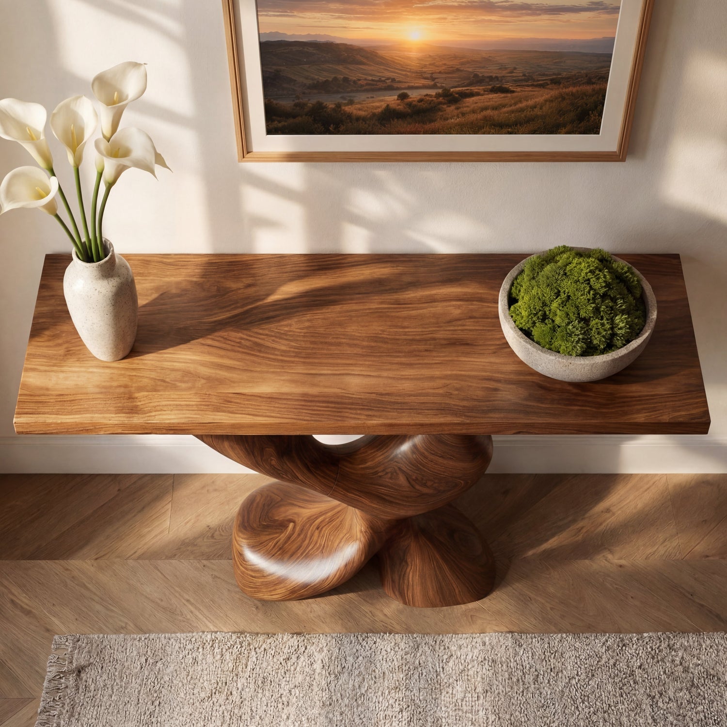 Pedestal Twist Sculptural Solid Wood Console Table