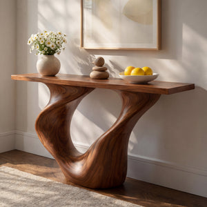 Twin Sweep Sculptural Solid Wood Console Table with Open Valley Base