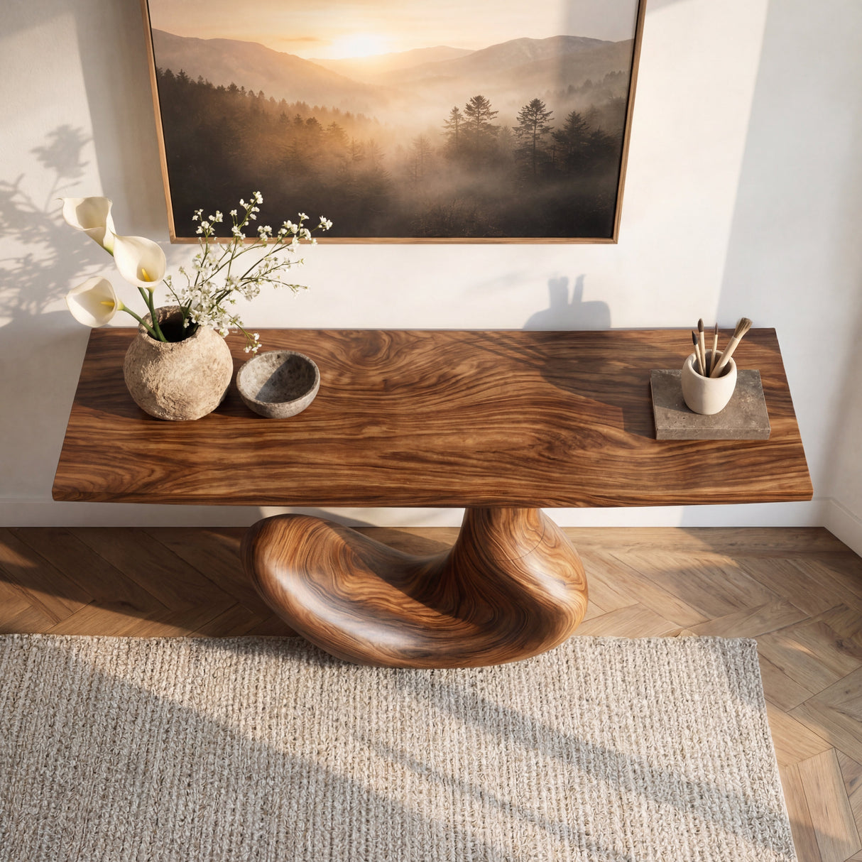 Hook Curve Sculptural Solid Wood Console Table with Monolithic Loop Base