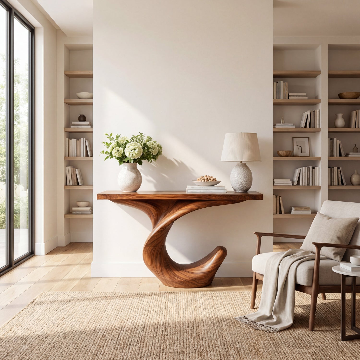Crescent Twist Sculptural Solid Wood Console Table with Raised Curl Base