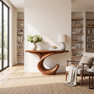 Crescent Twist Sculptural Solid Wood Console Table with Raised Curl Base