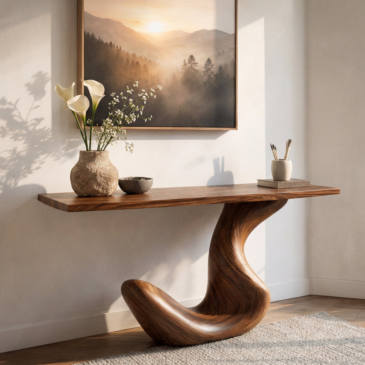Hook Curve Sculptural Solid Wood Console Table with Monolithic Loop Base