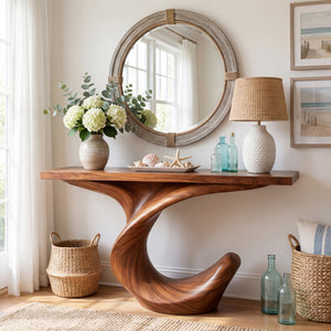 Crescent Twist Sculptural Solid Wood Console Table with Raised Curl Base