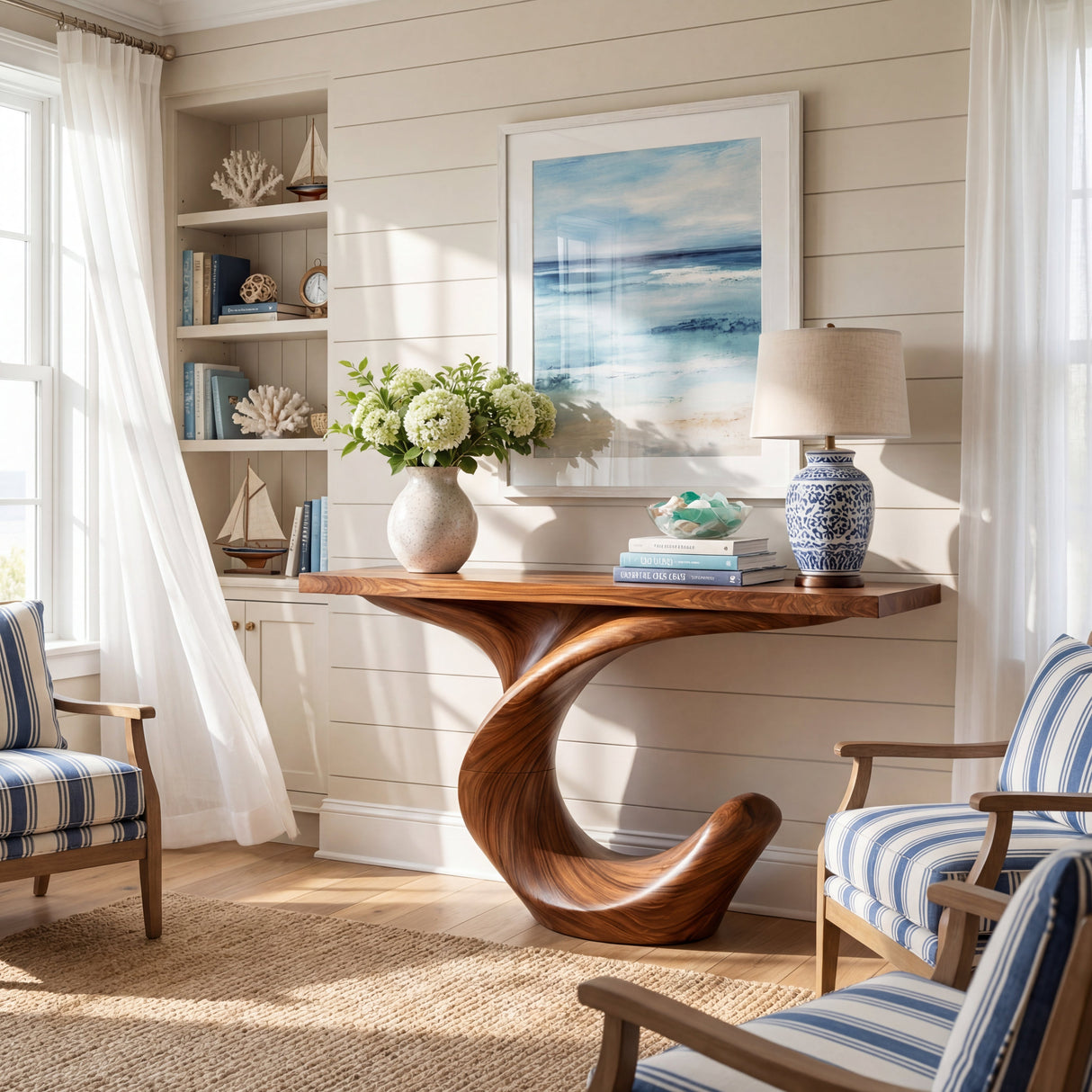 Crescent Twist Sculptural Solid Wood Console Table with Raised Curl Base