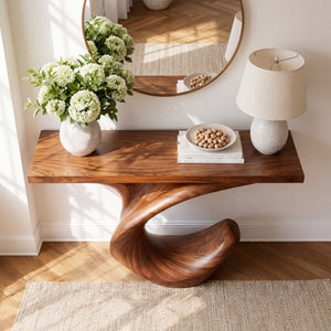 Crescent Twist Sculptural Solid Wood Console Table with Raised Curl Base
