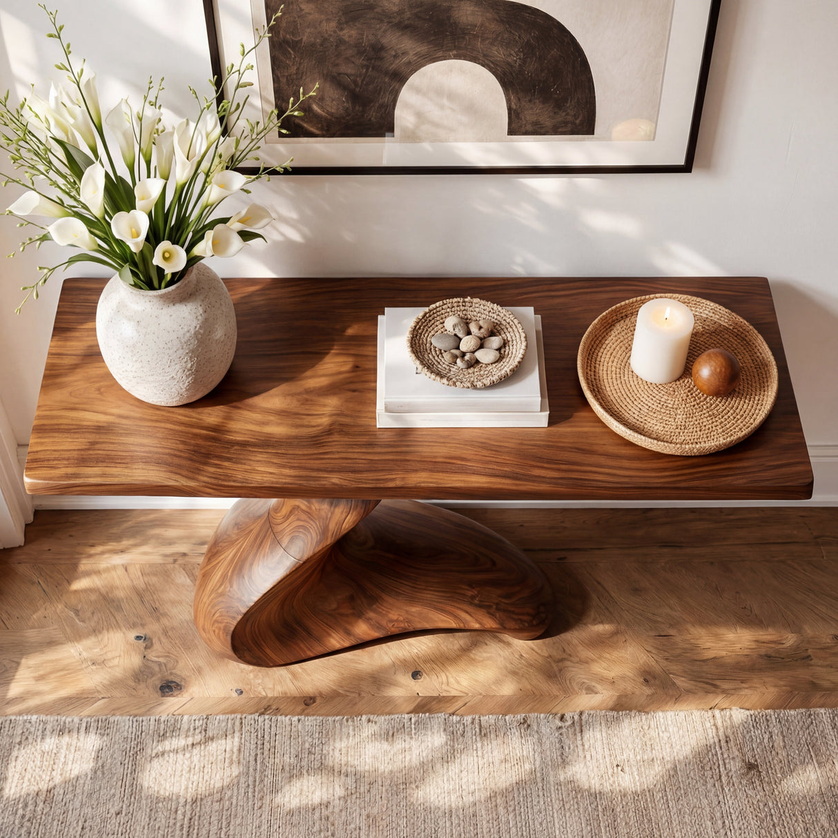 Low Spiral Sculptural Solid Wood Console Table with Grounded Sweep Base