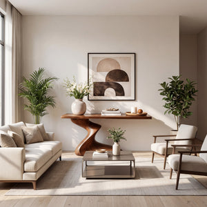 Low Spiral Sculptural Solid Wood Console Table with Grounded Sweep Base