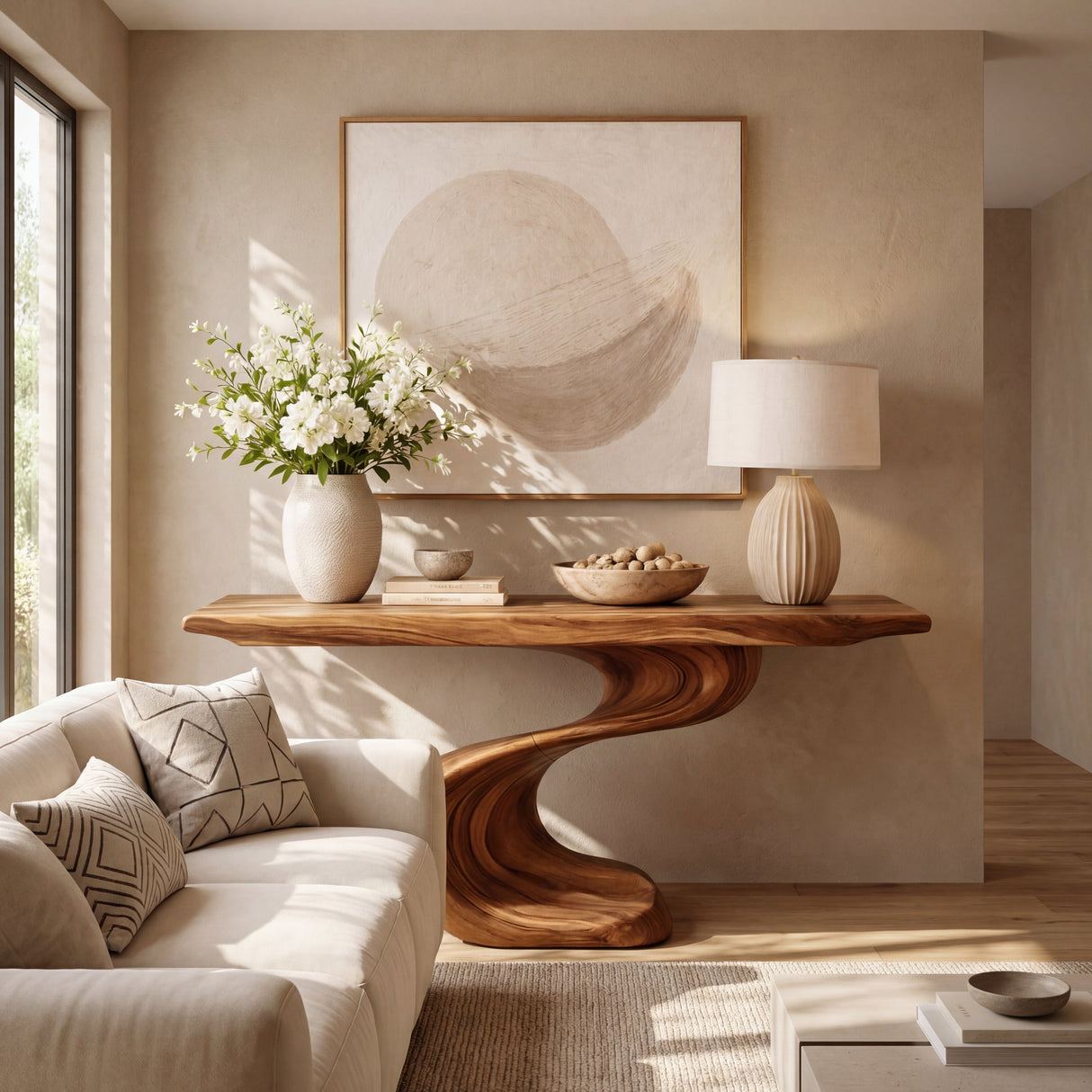 Sculptural Solid Wood Console Table with Wave Base