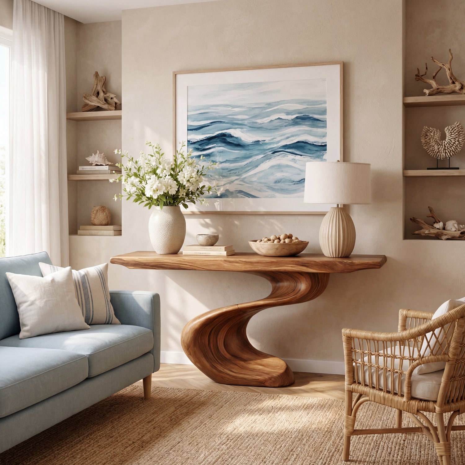 Sculptural Solid Wood Console Table with Wave Base