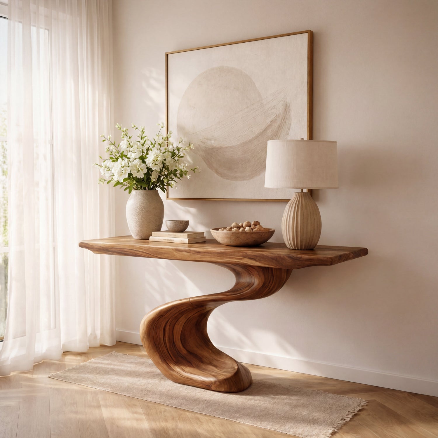 Sculptural Solid Wood Console Table with Wave Base