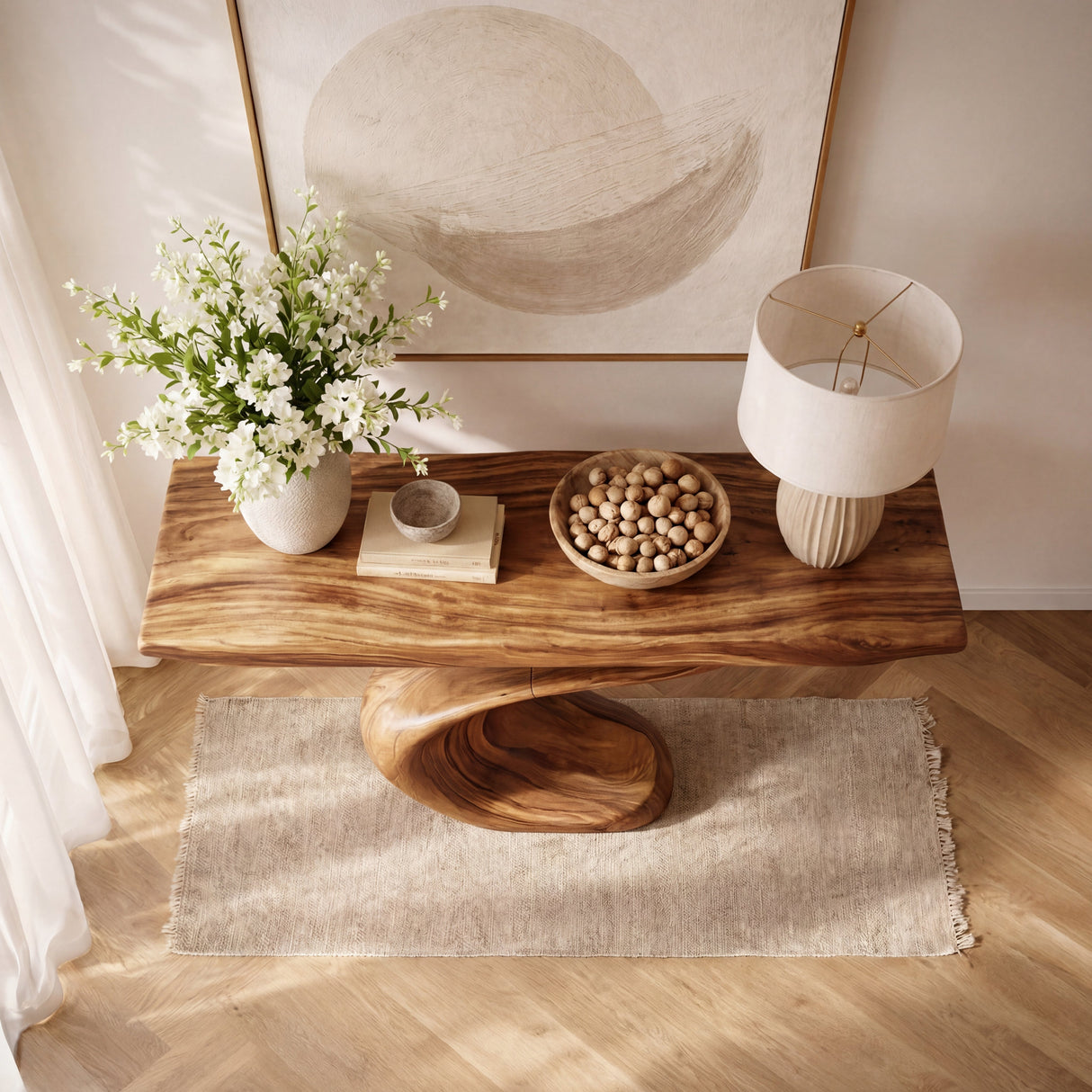 Sculptural Solid Wood Console Table with Wave Base