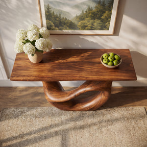 Sculptural Solid Wood Console Table with Open Oval Bridge Base