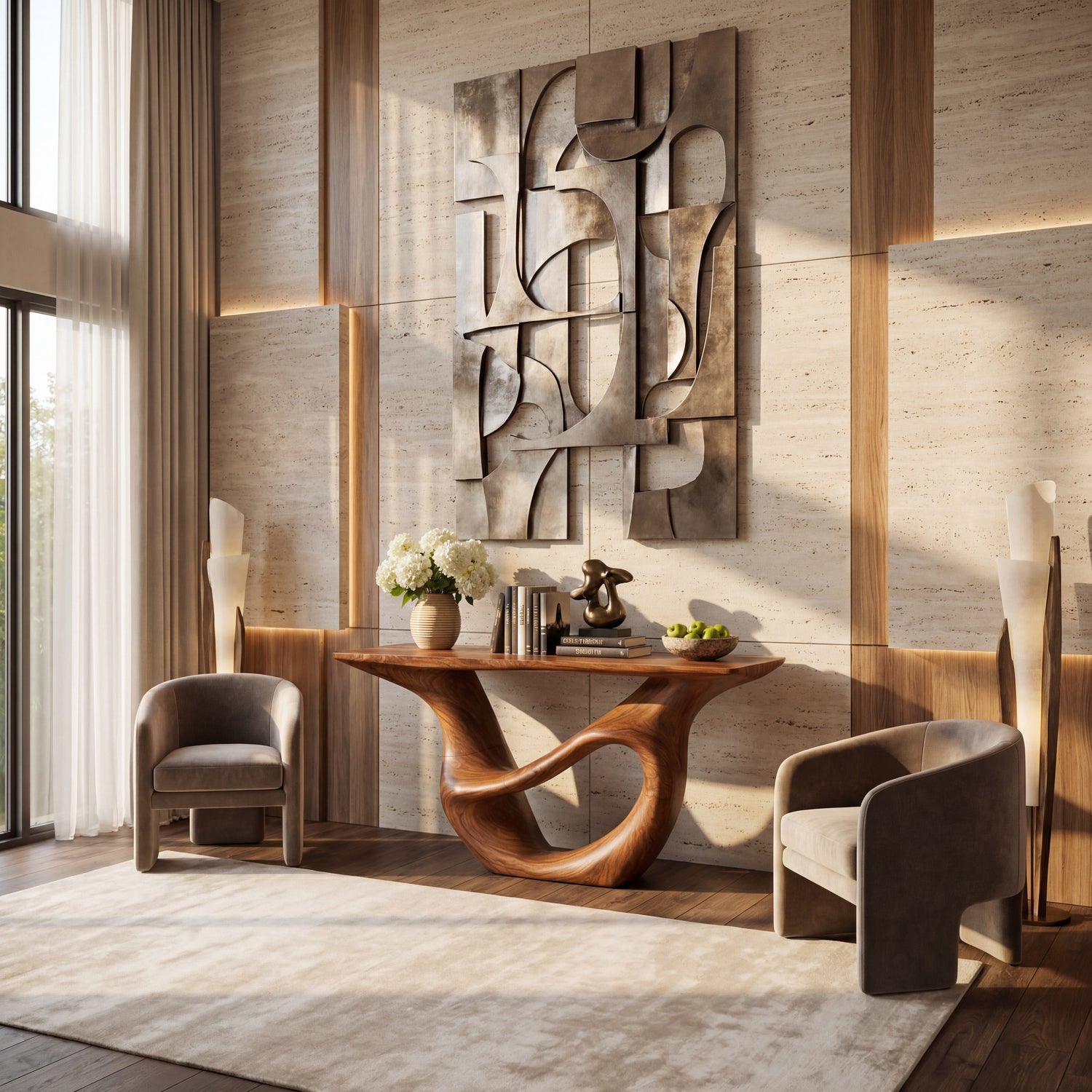 Sculptural Solid Wood Console Table with Open Oval Bridge Base