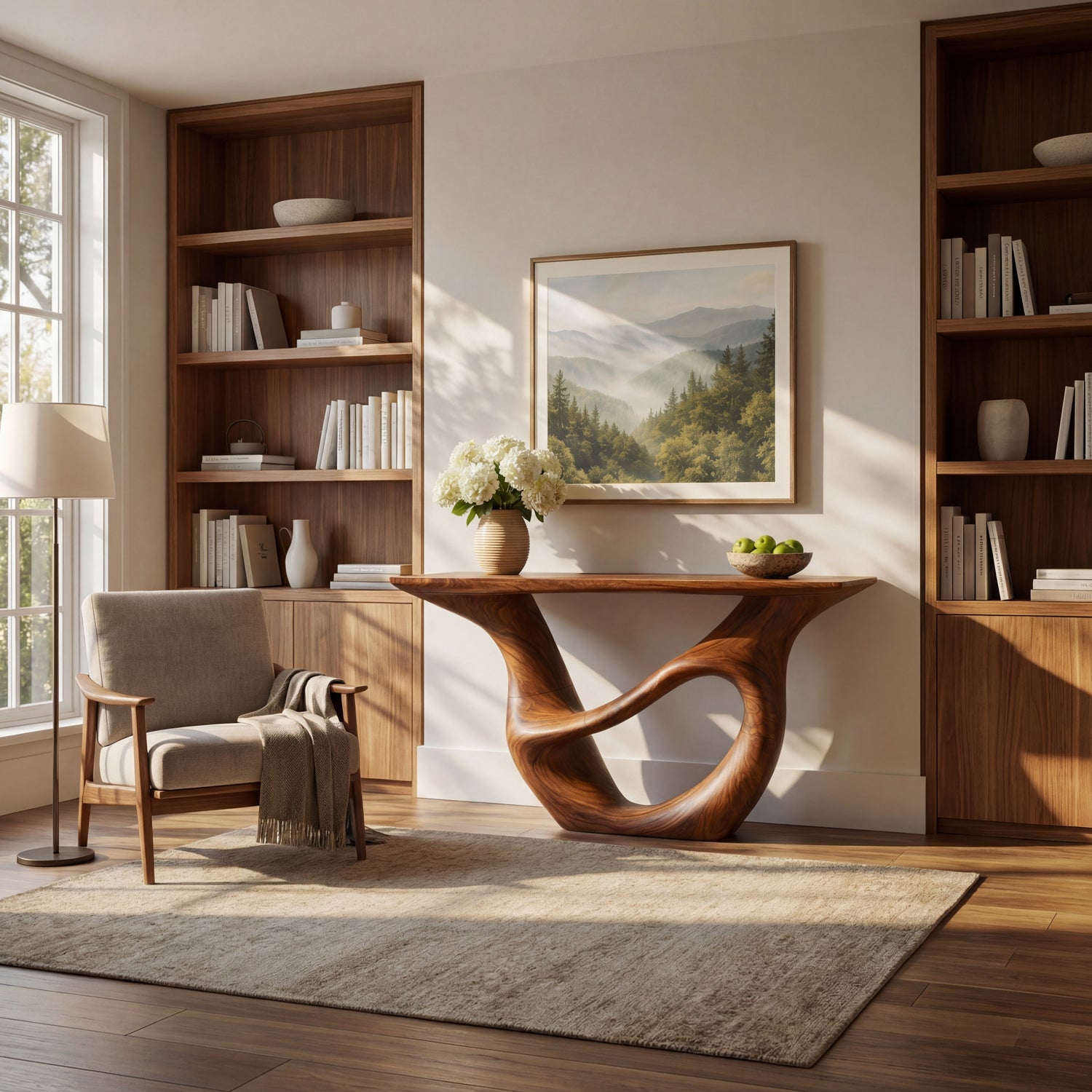 Sculptural Solid Wood Console Table with Open Oval Bridge Base