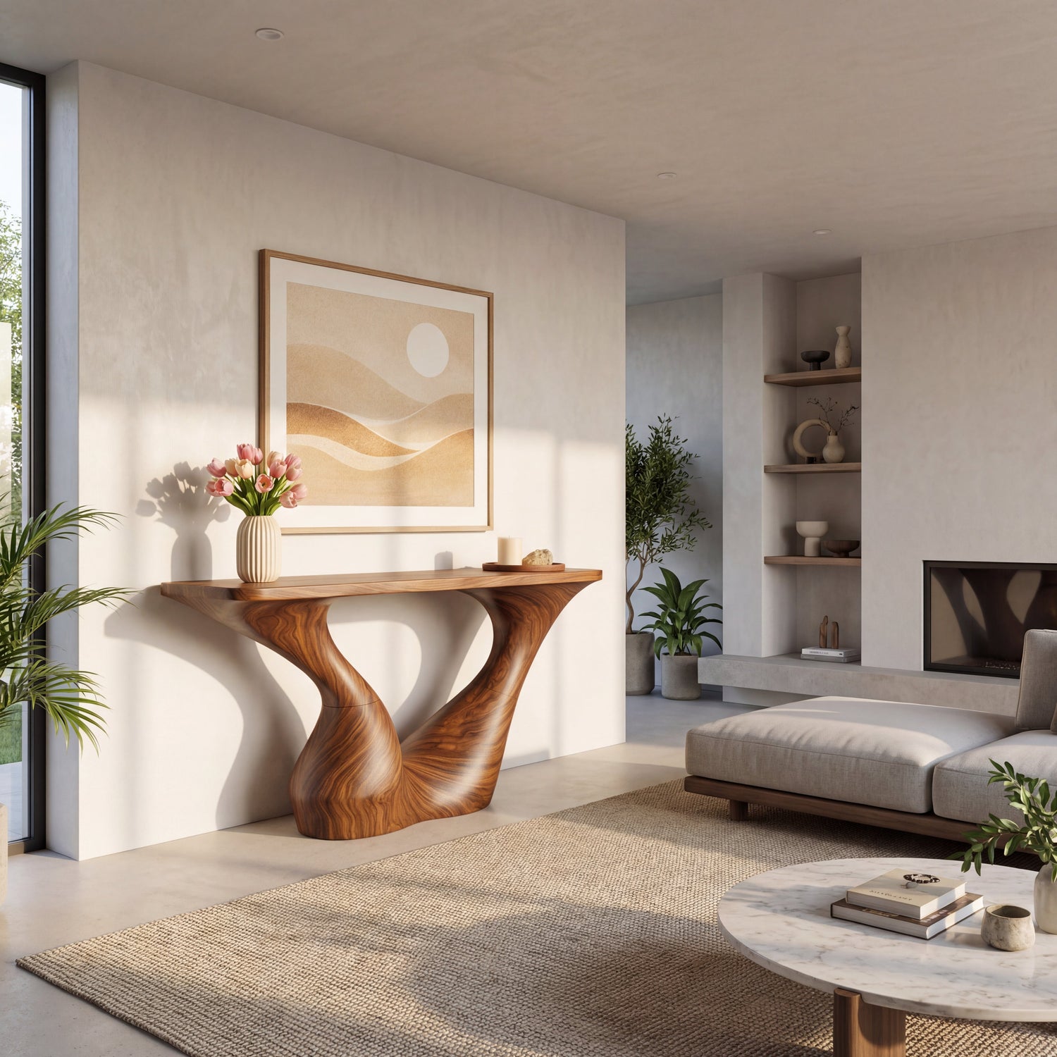 Sculptural Solid Wood Console Table with Open Arch Base