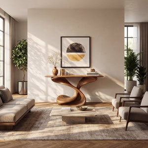 Sculptural Solid Wood Console Table with Helical Base