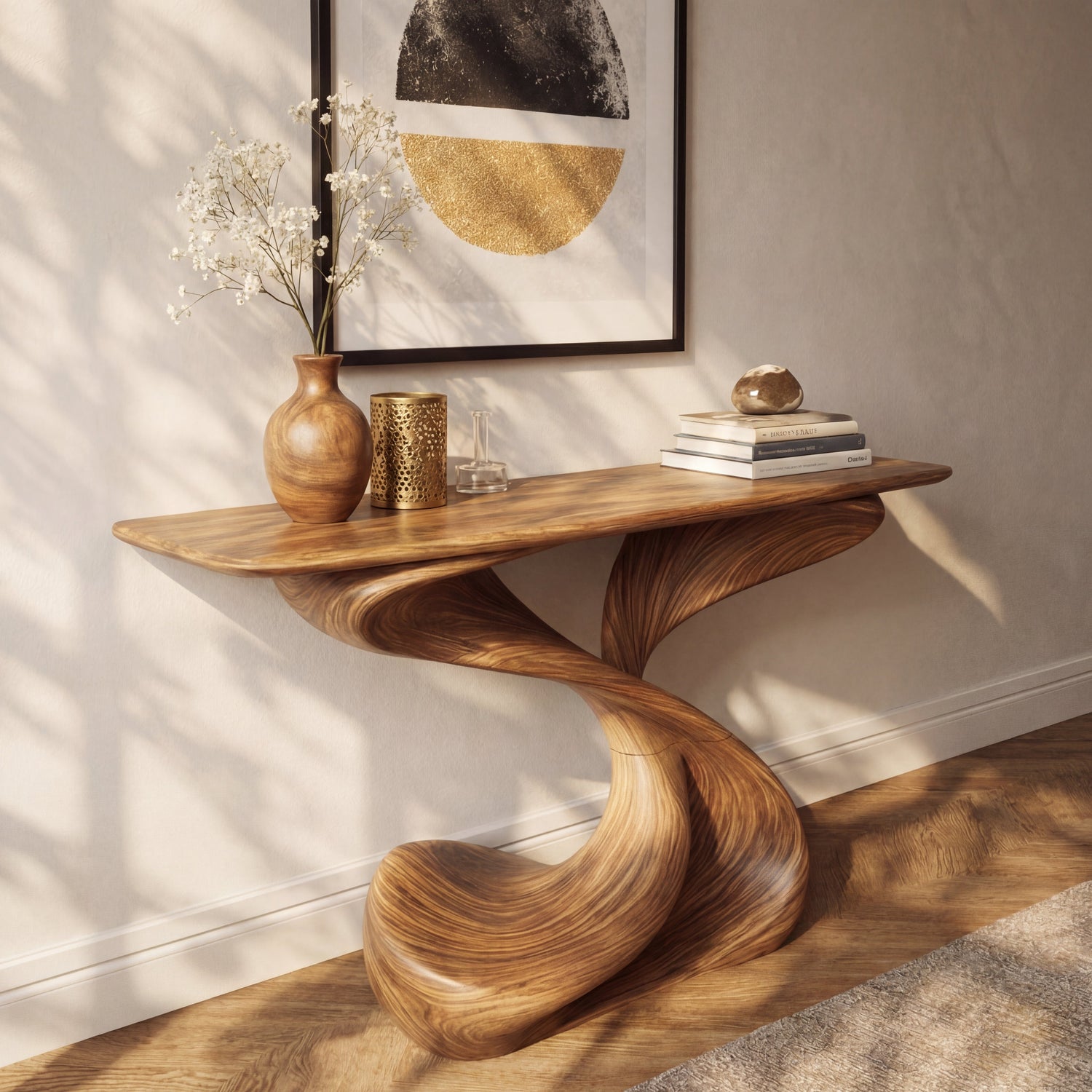 Sculptural Solid Wood Console Table with Helical Base