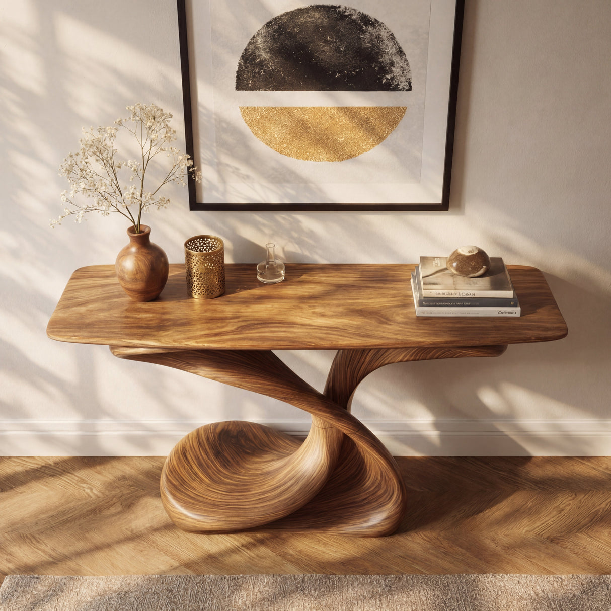 Sculptural Solid Wood Console Table with Helical Base