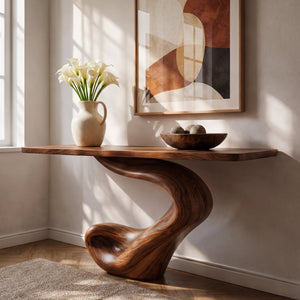 Scroll Wave Sculptural Solid Wood Console Table with Coiled Foot Base