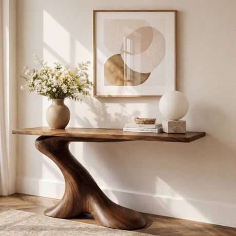 Lean Flow Sculptural Solid Wood Console Table with Sloped Monobase