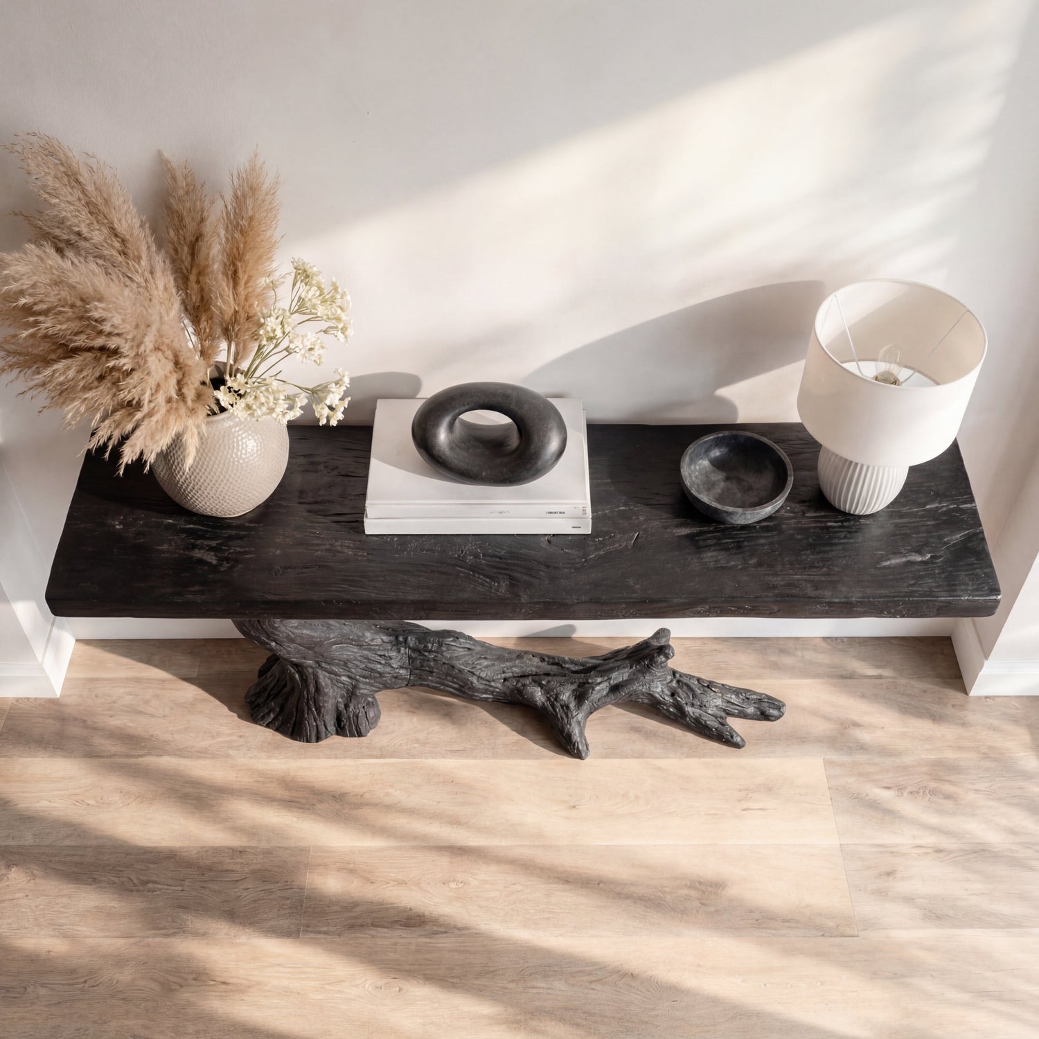 Sculptural Console Table with Charred Wood Inspired Branch Base