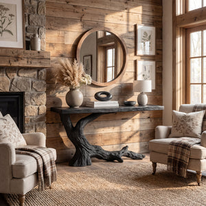 Sculptural Console Table with Charred Wood Inspired Branch Base
