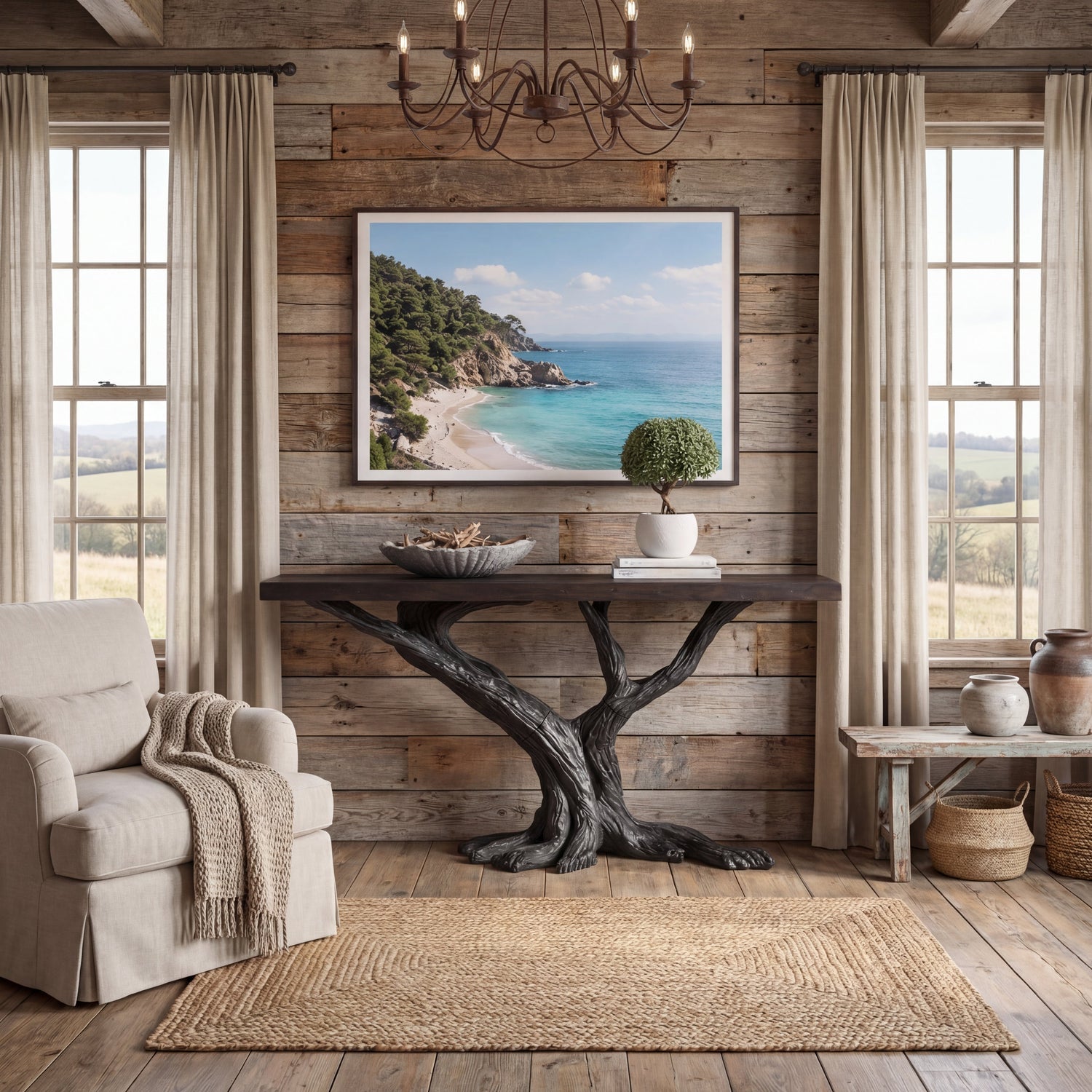 Solid Wood Console Table with Forked Branch Base