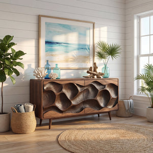 Solid Wood Sculpted Wave Credenza for Living Room and Dining Storage