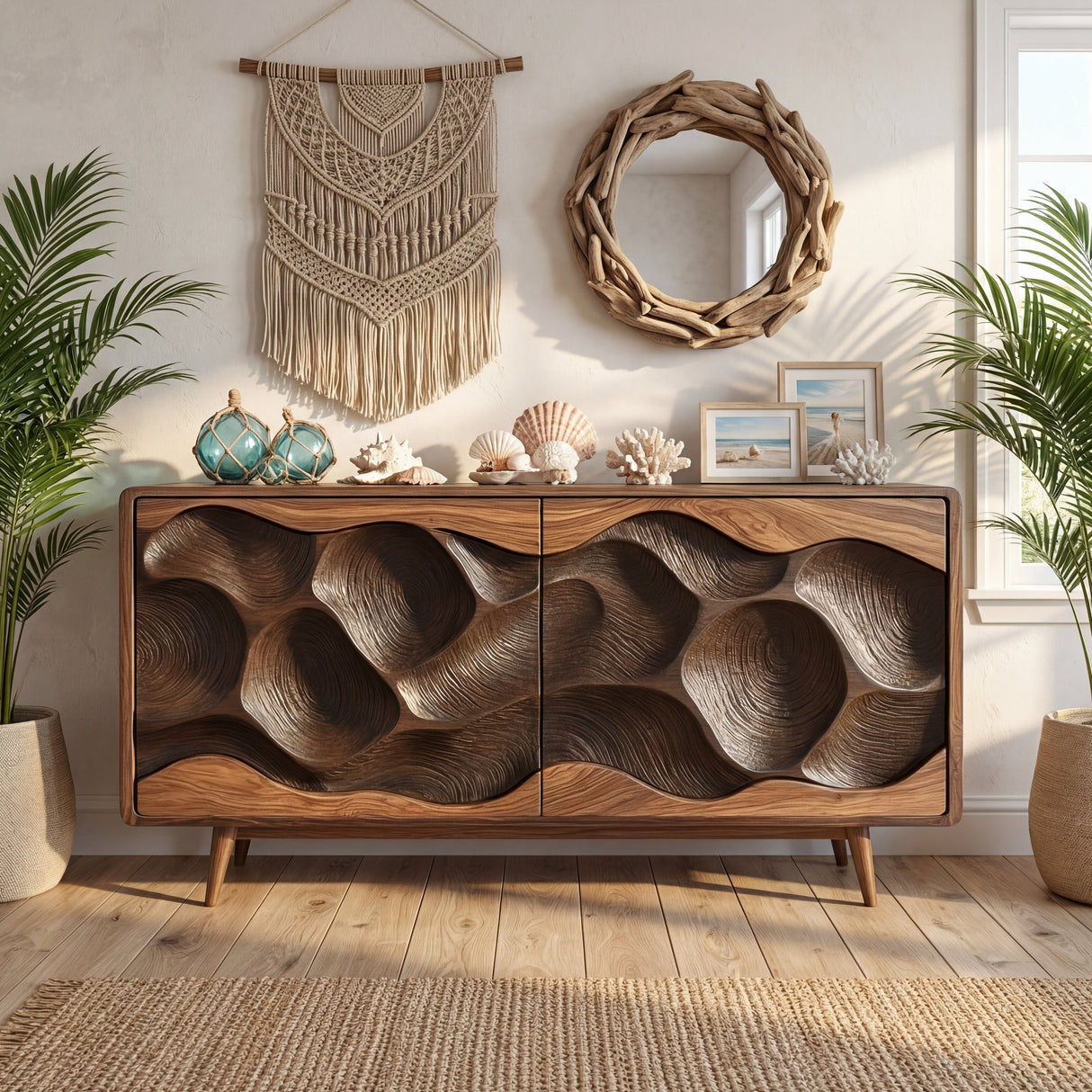 Solid Wood Sculpted Wave Credenza for Living Room and Dining Storage