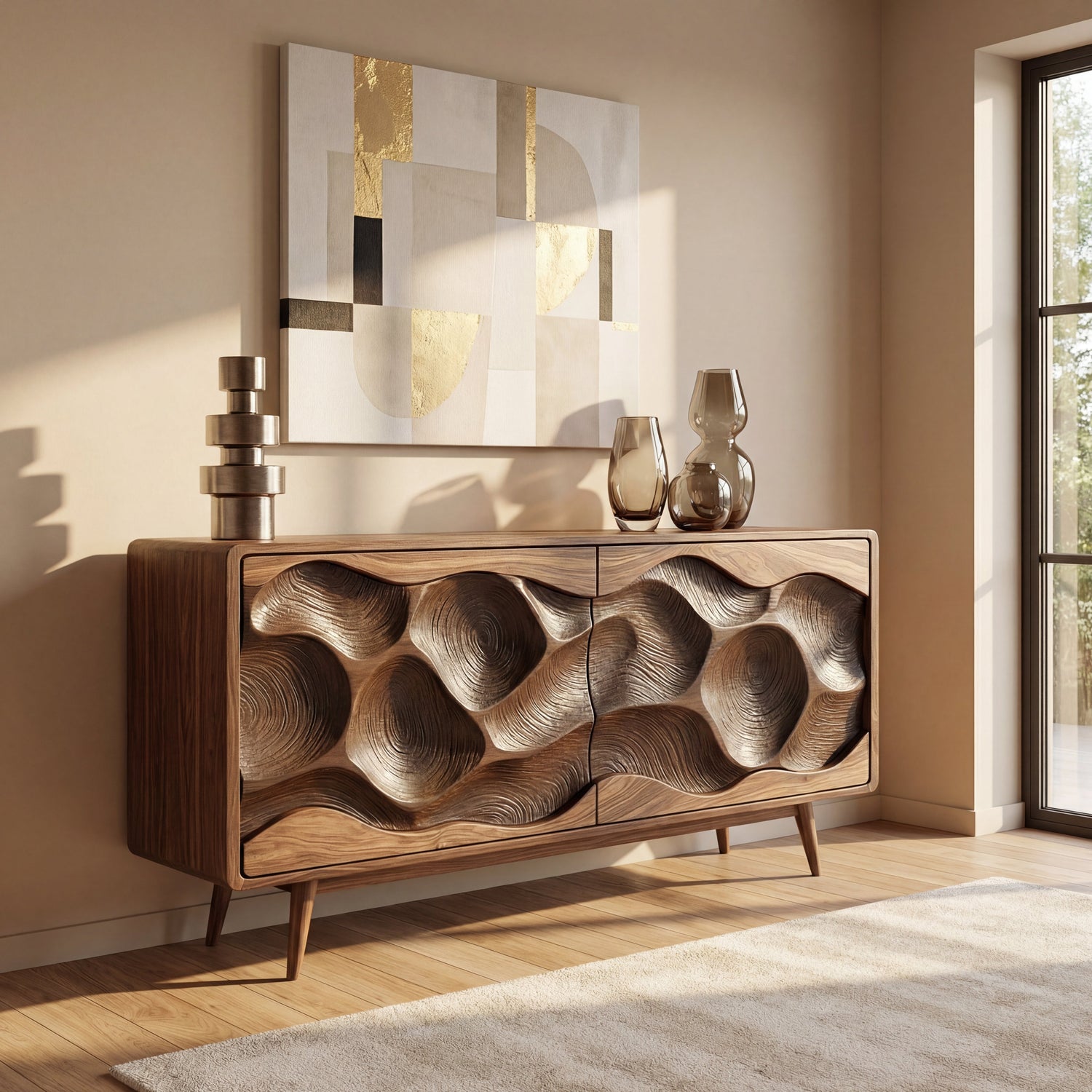 Solid Wood Sculpted Wave Credenza for Living Room and Dining Storage