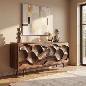 Solid Wood Sculpted Wave Credenza for Living Room and Dining Storage