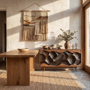 Solid Wood Sculpted Wave Credenza for Living Room and Dining Storage