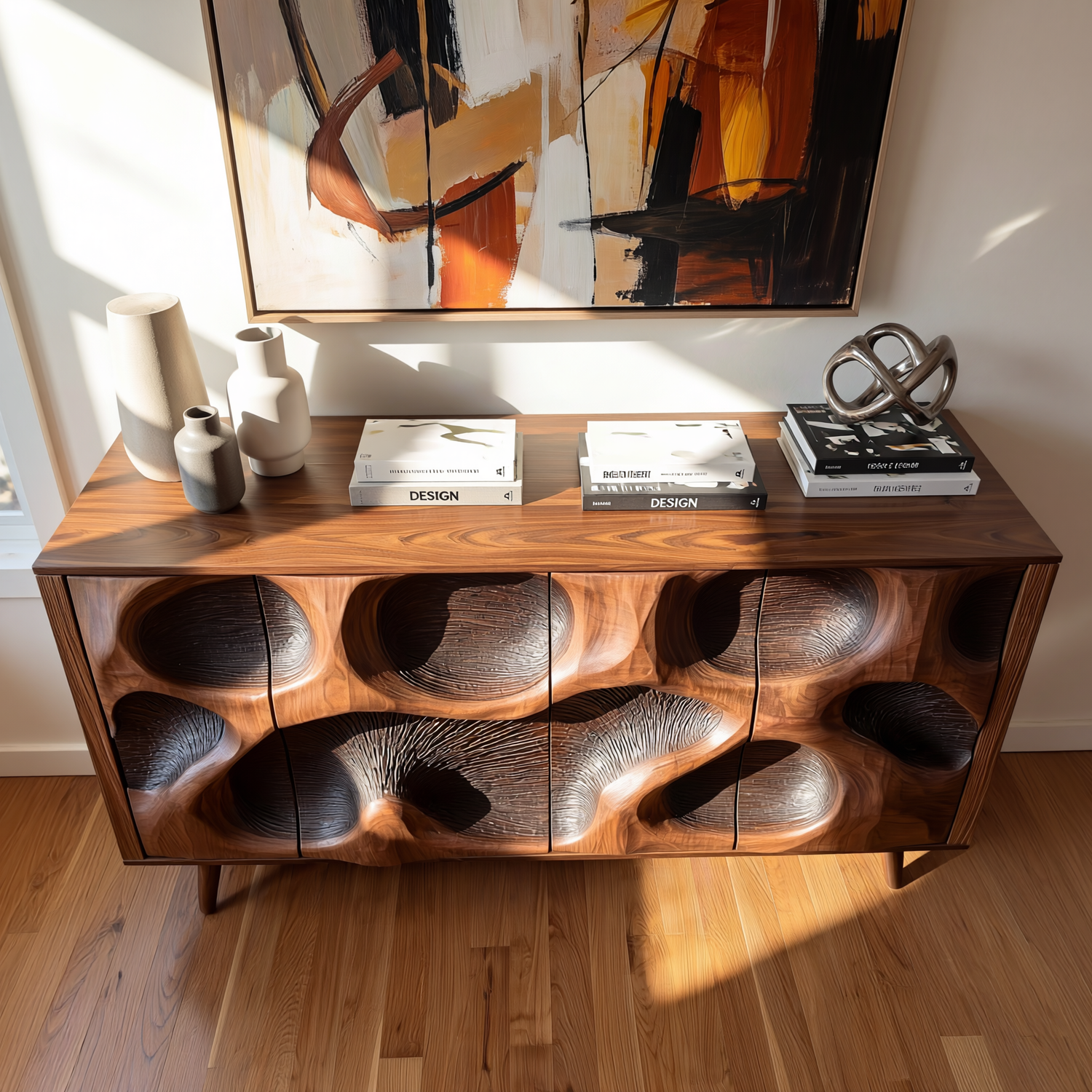 Organic Carved Solid Wood Credenza for Living Room and Dining Storage