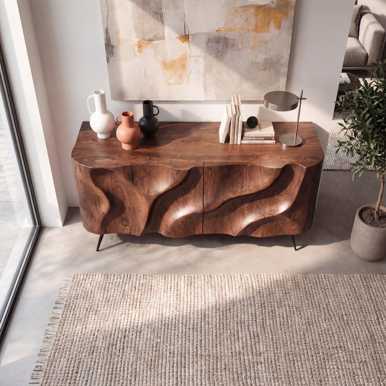 Sculpted Wavefront Solid Wood Credenza for Modern Living and Dining Rooms