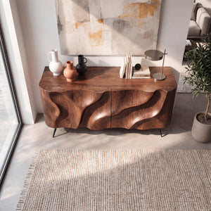 Sculpted Wavefront Solid Wood Credenza for Modern Living and Dining Rooms