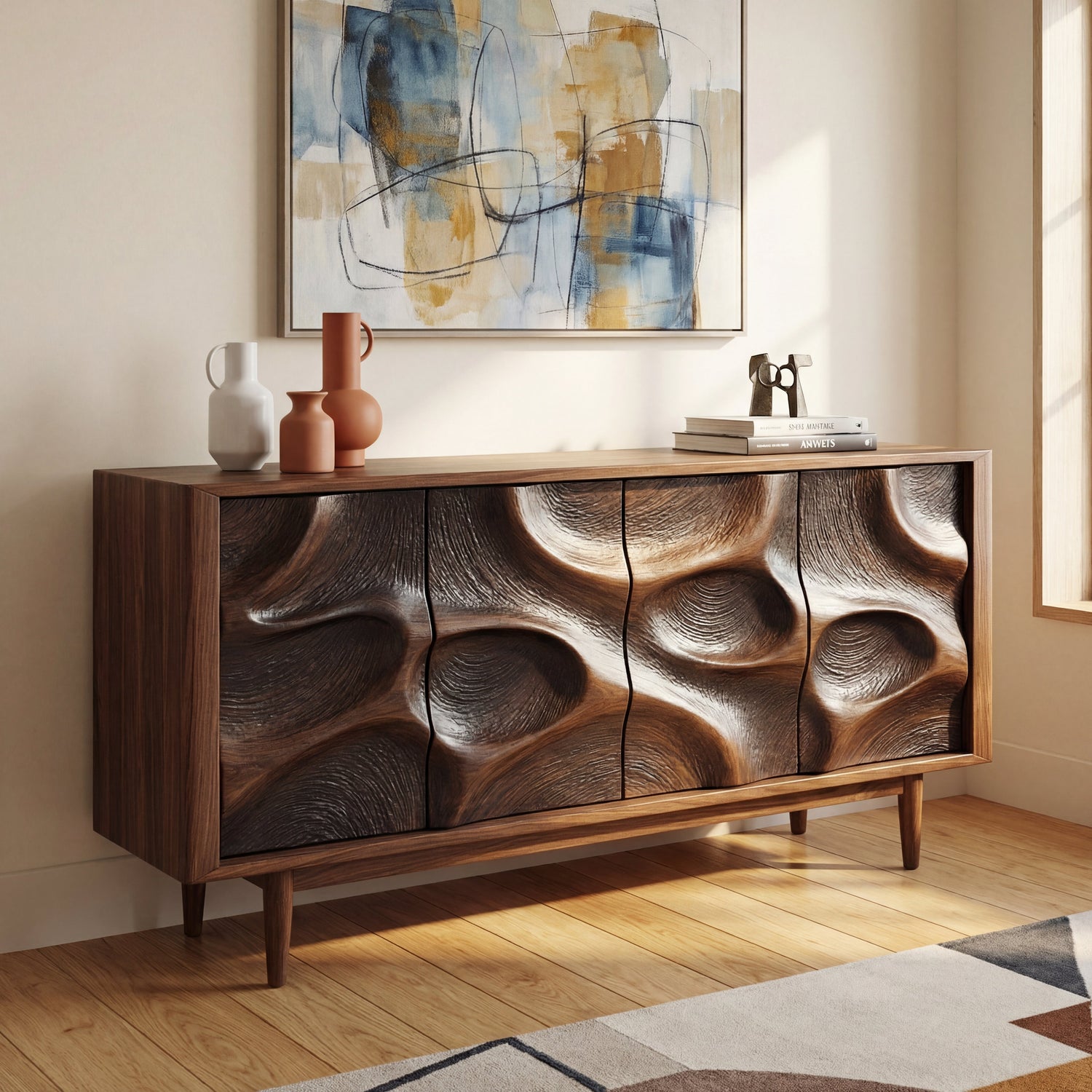 Sculpted Cavern Solid Wood Sideboard Cabinet for Living and Dining Room Storage