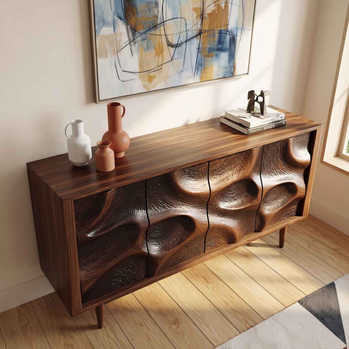 Sculpted Cavern Solid Wood Sideboard Cabinet for Living and Dining Room Storage