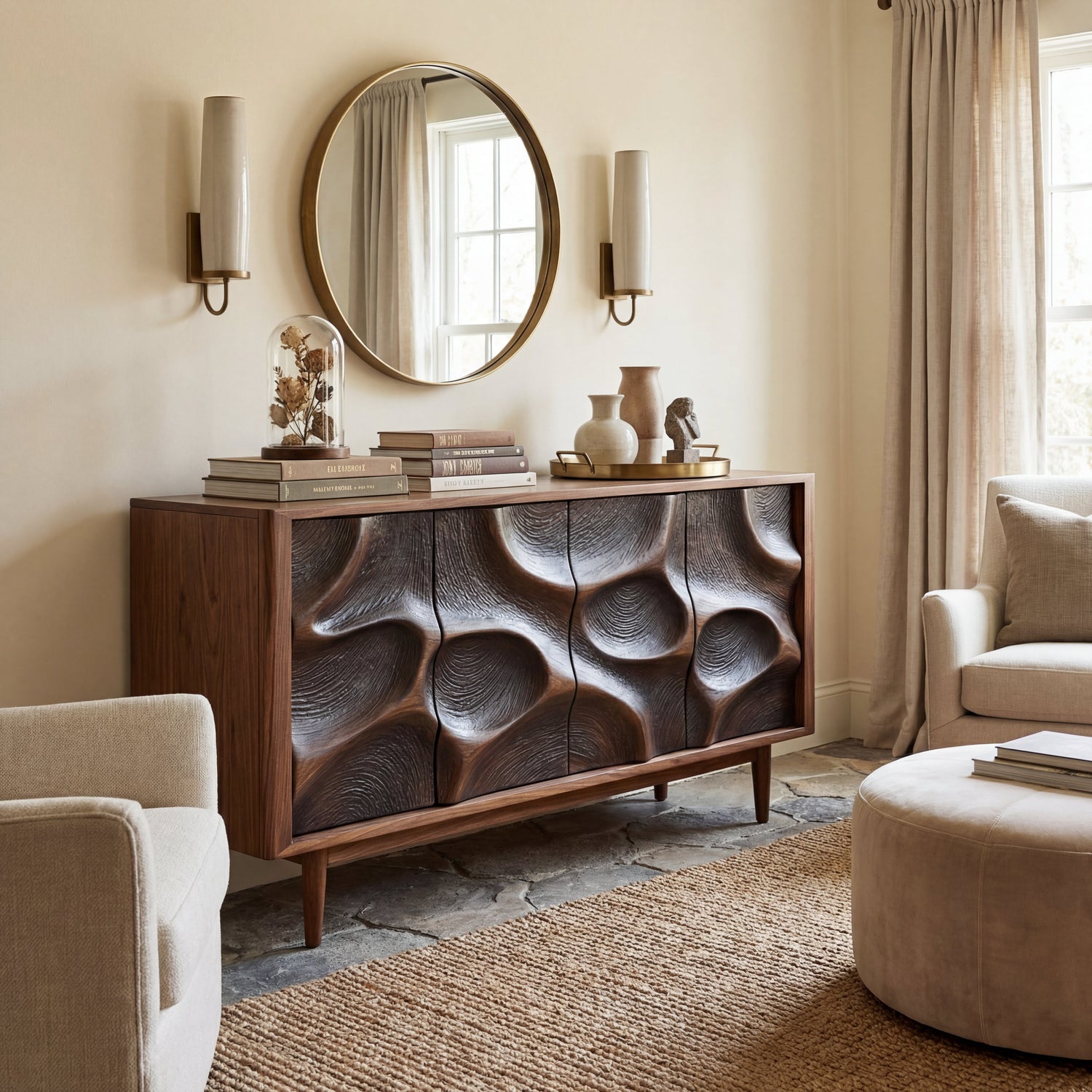 Sculpted Cavern Solid Wood Sideboard Cabinet for Living and Dining Room Storage